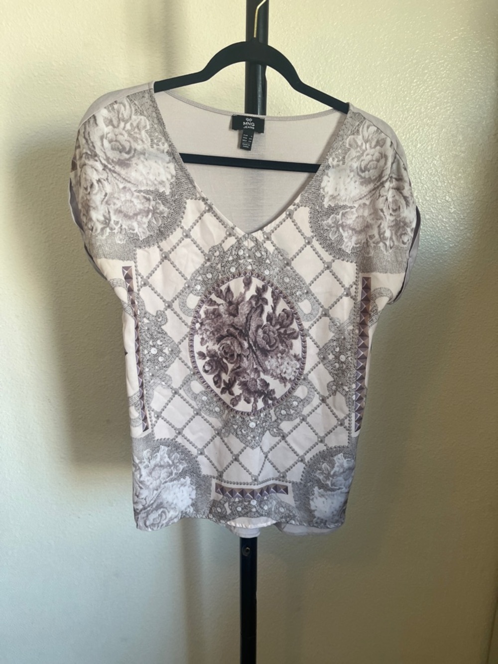 Mango Lavendar and Cream Floral Medallion V-Neck Blouse